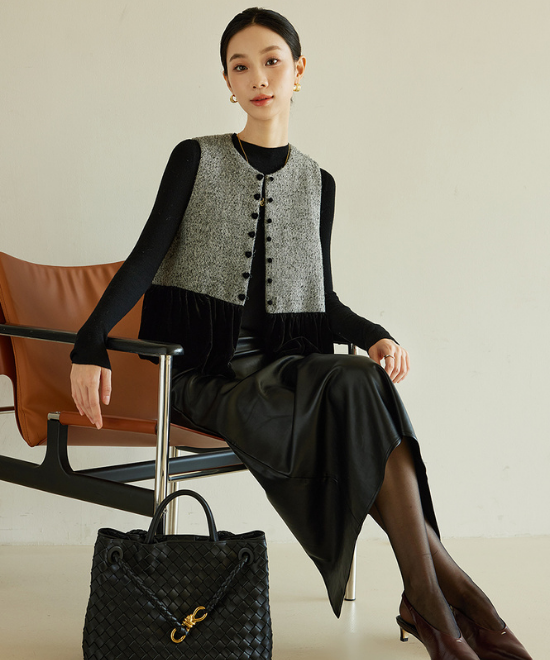 ベルベットプリーツヘムツイードベスト