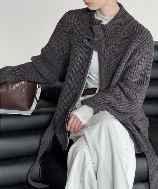 スタンドアップカラーベルトジップカーディガン