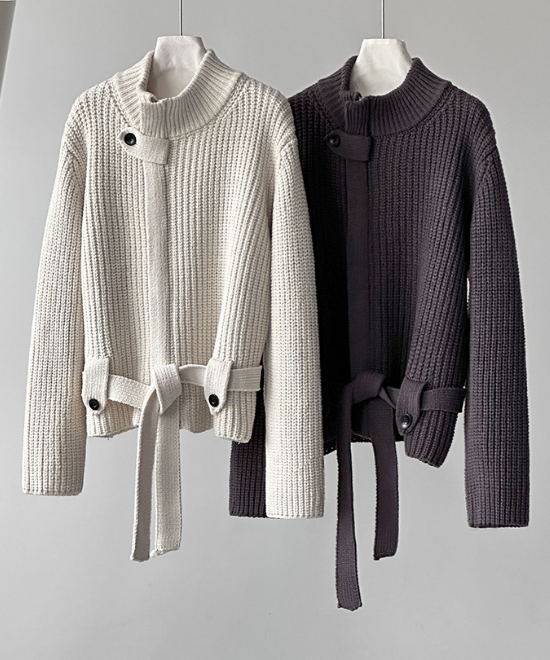 スタンドアップカラーベルトジップカーディガン