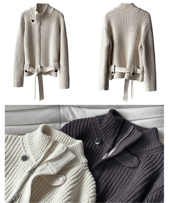 スタンドアップカラーベルトジップカーディガン