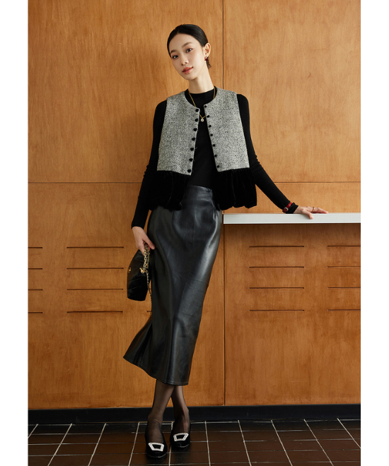 ベルベットプリーツヘムツイードベスト