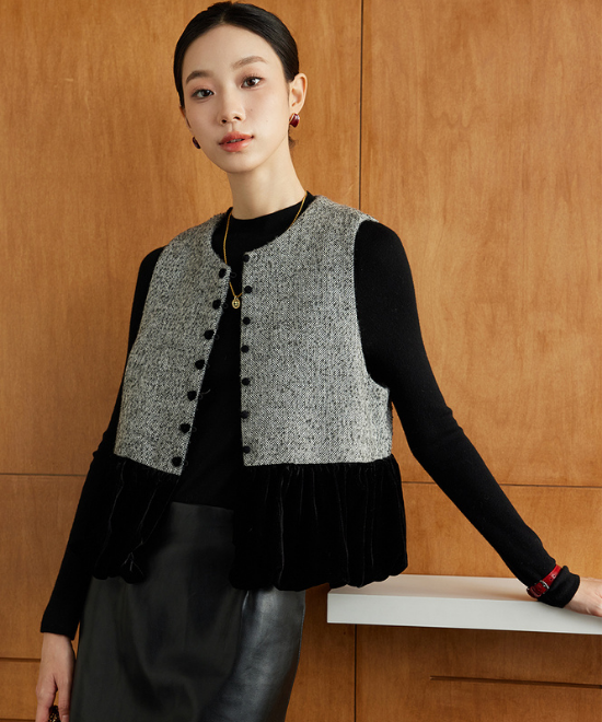 ベルベットプリーツヘムツイードベスト