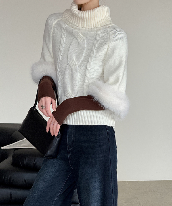 ワンショルダーファーケーブルニット