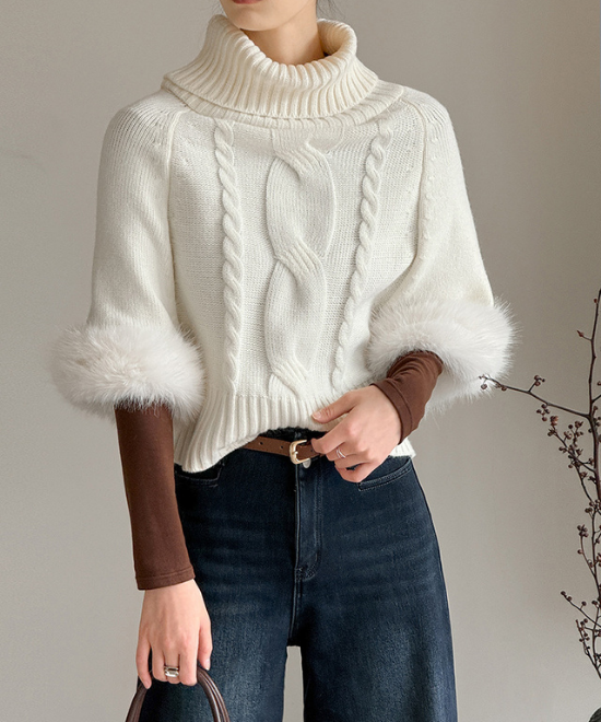 ワンショルダーファーケーブルニット