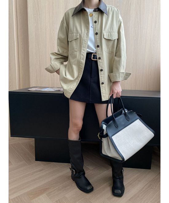 コントラストレザーカラーワークジャケット