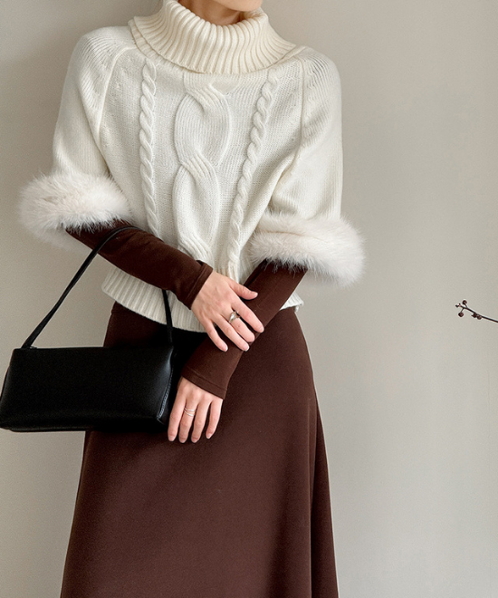 ワンショルダーファーケーブルニット