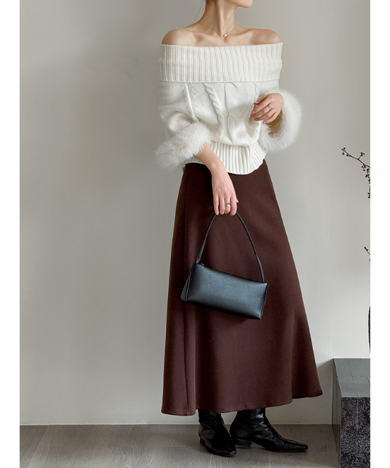 ワンショルダーファーケーブルニット