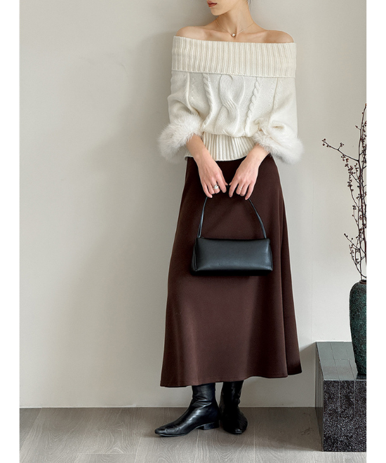 ワンショルダーファーケーブルニット