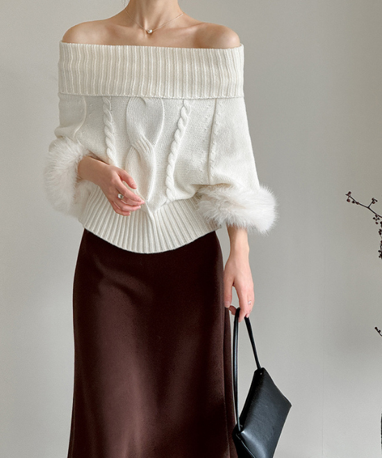 ワンショルダーファーケーブルニット