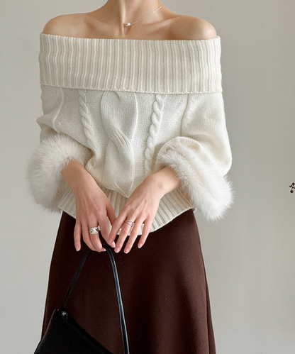 ワンショルダーファーケーブルニット