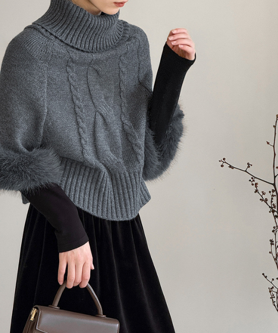 ワンショルダーファーケーブルニット