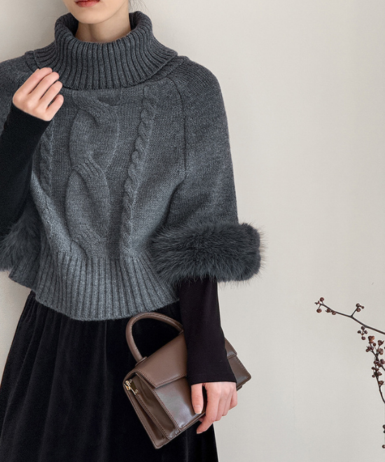 ワンショルダーファーケーブルニット