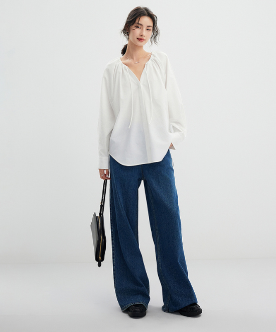 ドローストリングネックプリーツシャツ