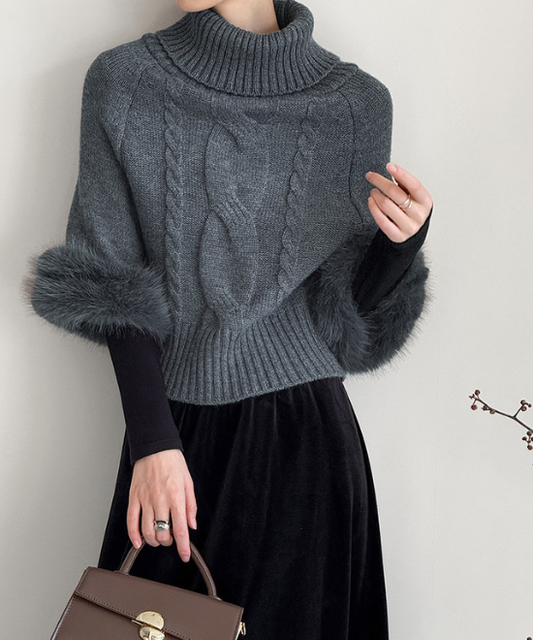 ワンショルダーファーケーブルニット