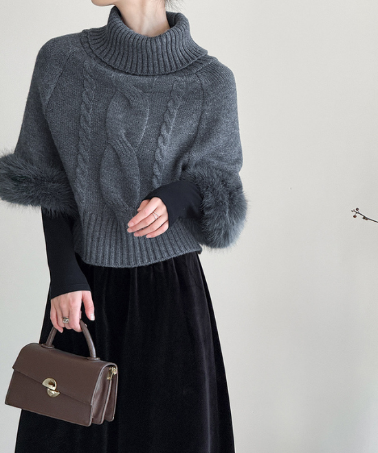 ワンショルダーファーケーブルニット