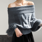 ワンショルダーファーケーブルニット