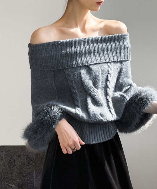 ワンショルダーファーケーブルニット