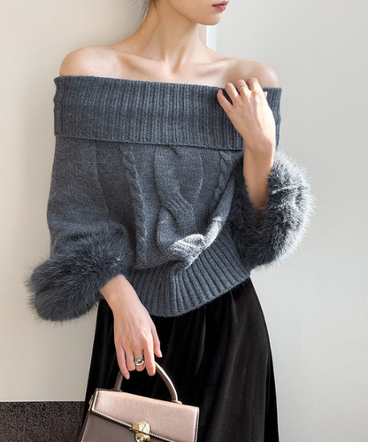 ワンショルダーファーケーブルニット