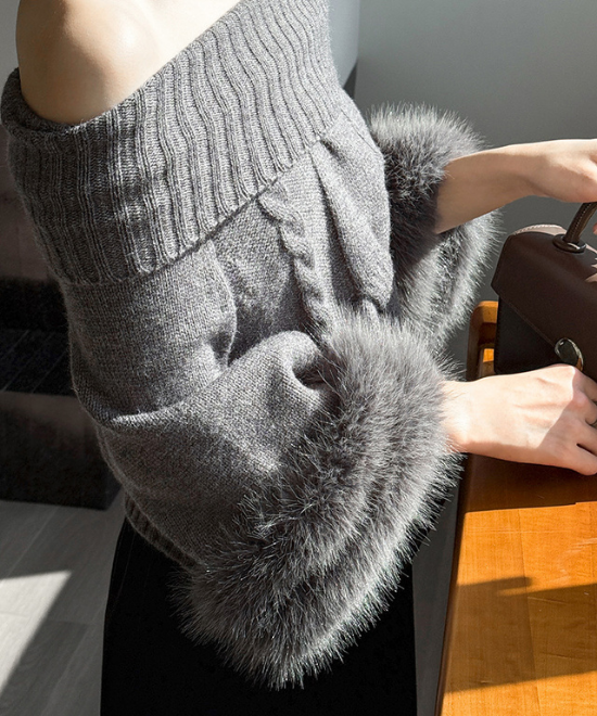 ワンショルダーファーケーブルニット