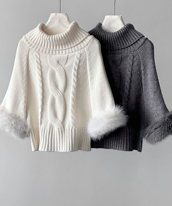 ワンショルダーファーケーブルニット