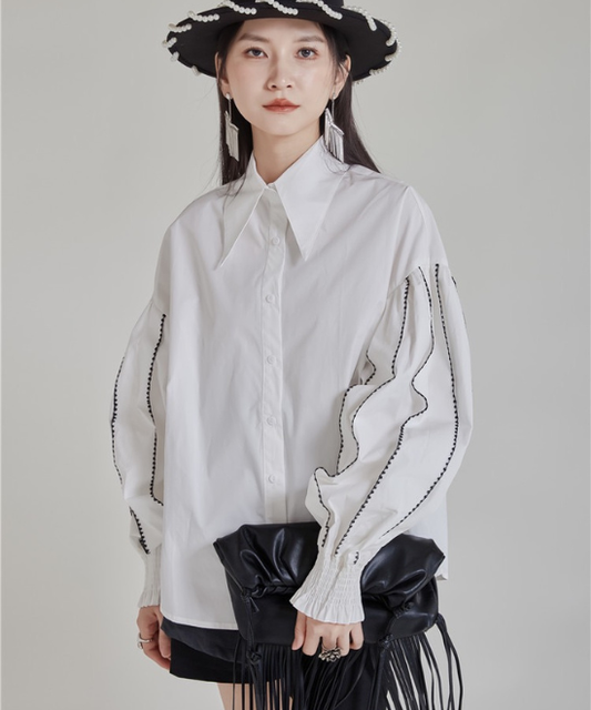 デザインステッチランタンスリーブシャツ