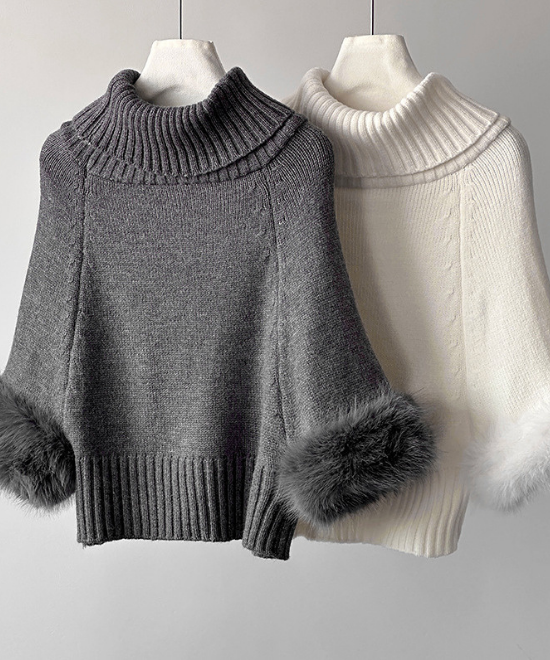 ワンショルダーファーケーブルニット