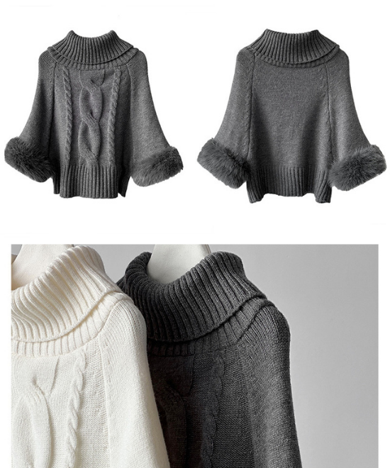 ワンショルダーファーケーブルニット