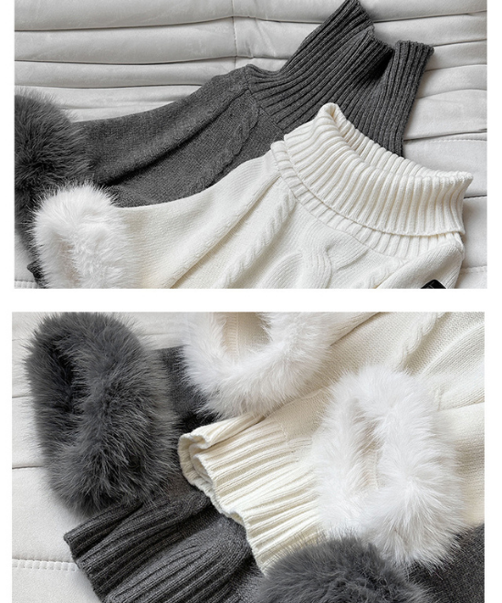 ワンショルダーファーケーブルニット