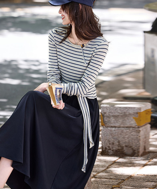 ボーダードッキングフレアワンピース