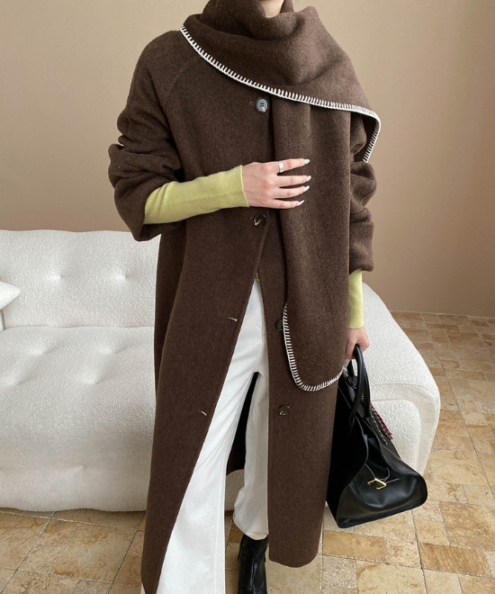 コントラスト刺繍ストールセットウールロングコート