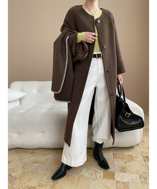 コントラスト刺繍ストールセットウールロングコート