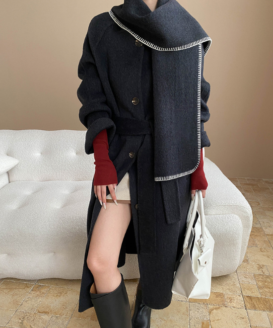 コントラスト刺繍ストールセットウールロングコート