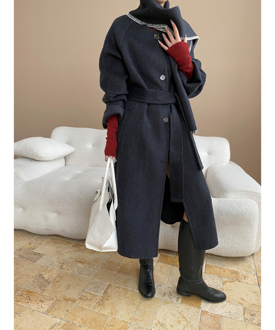 コントラスト刺繍ストールセットウールロングコート