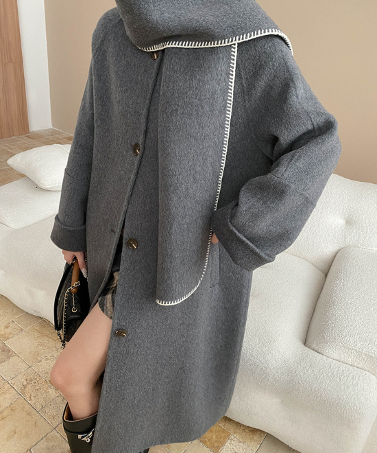 コントラスト刺繍ストールセットウールロングコート