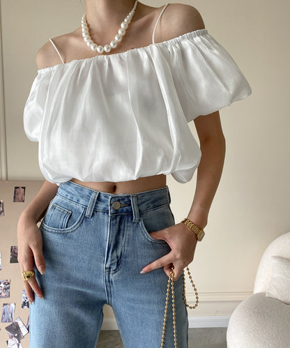 オフショルダーパフスリーブシャイニーブラウス
