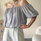 オフショルダーパフスリーブシャイニーブラウス