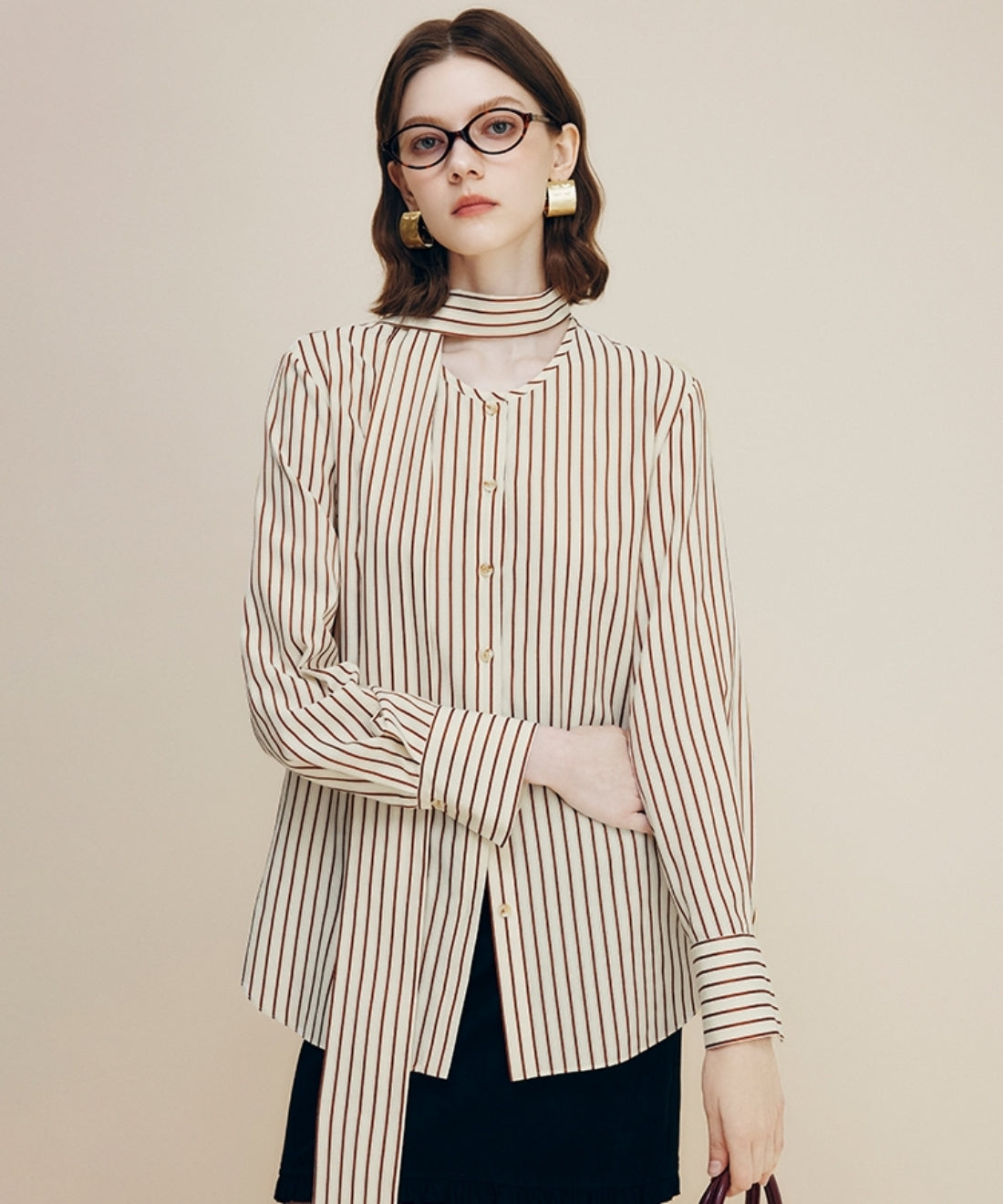 ストライプボウタイブラウス