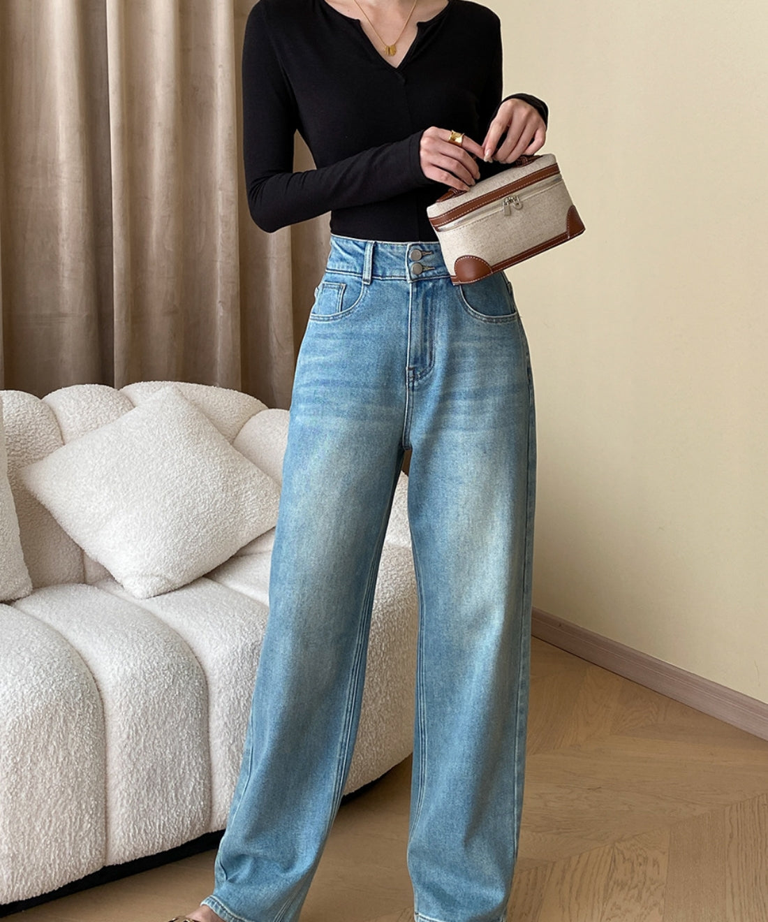 High waist straight denim pants