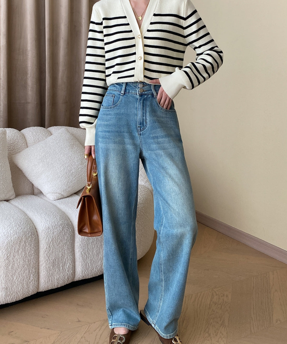 High waist straight denim pants