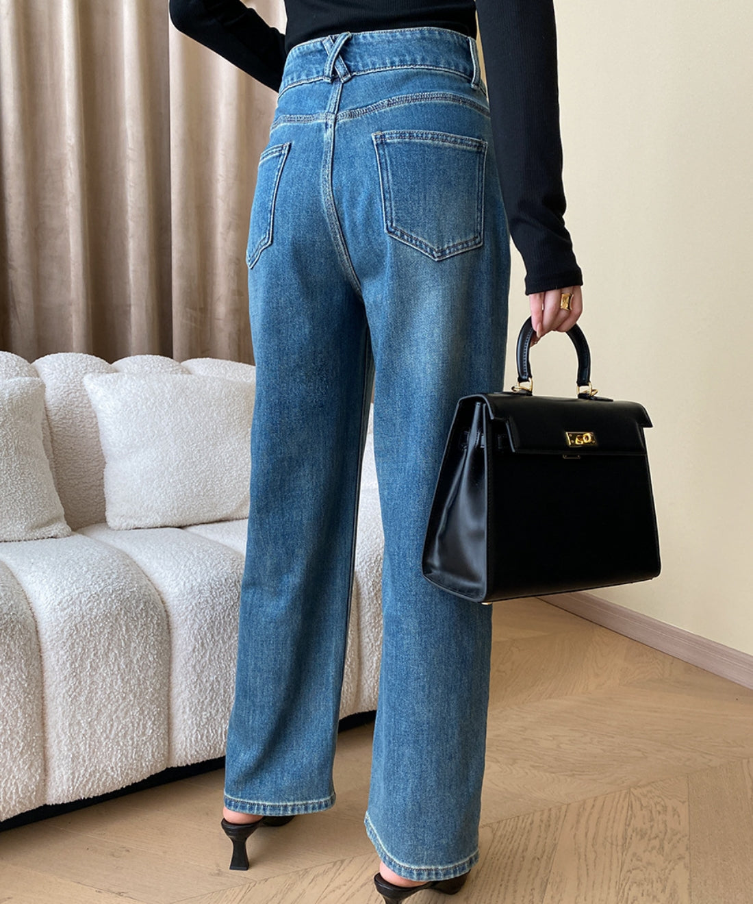 High waist straight denim pants