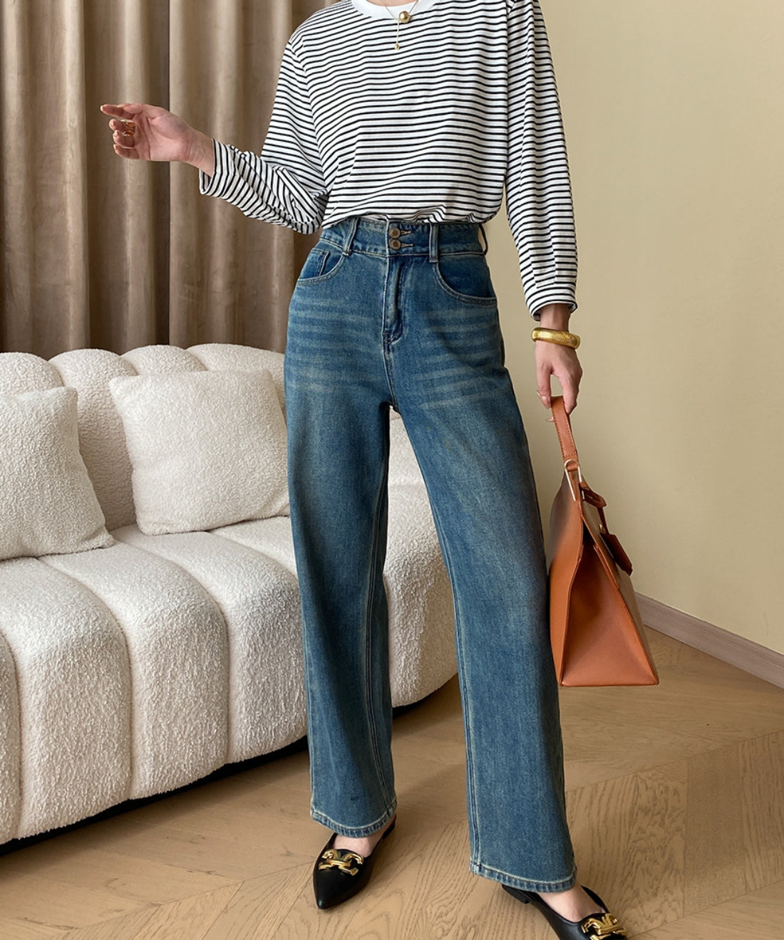 High waist straight denim pants