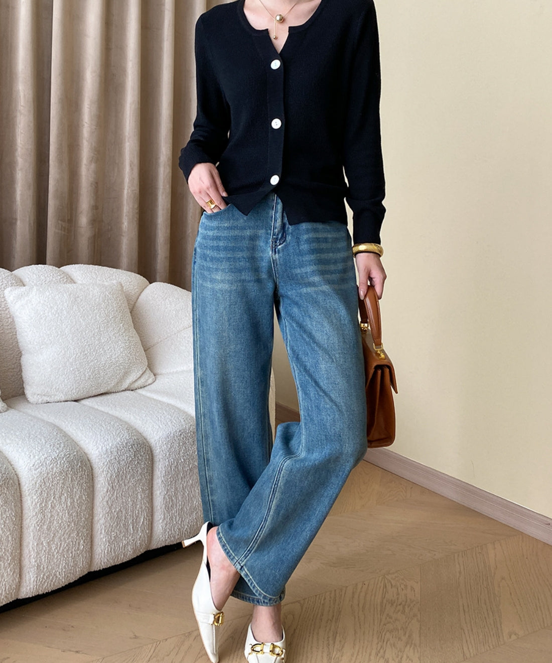 High waist straight denim pants