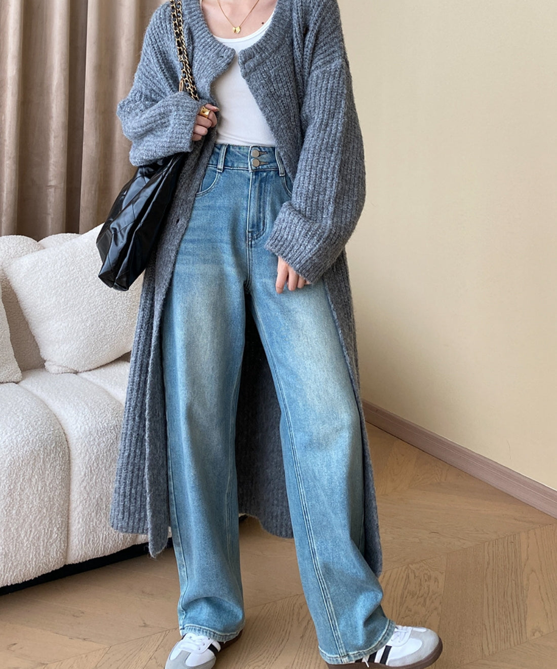 High waist straight denim pants