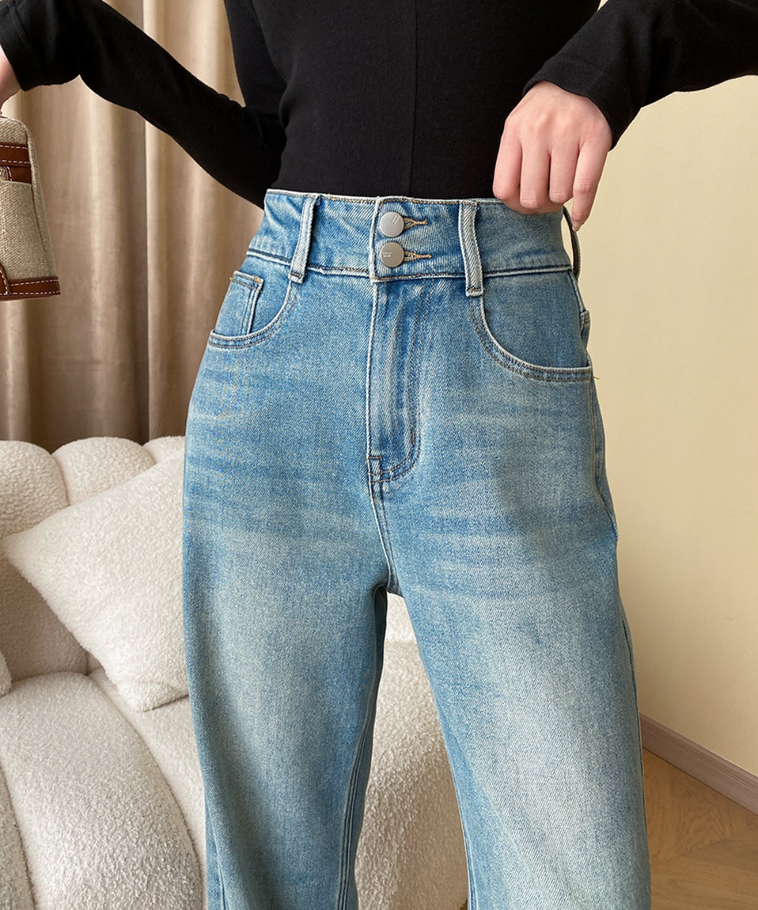 High waist straight denim pants