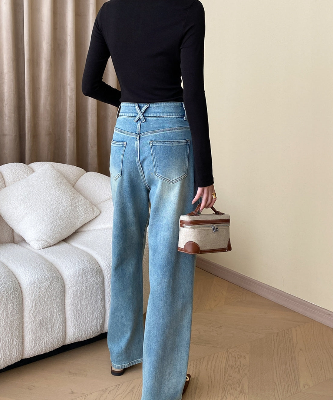 High waist straight denim pants