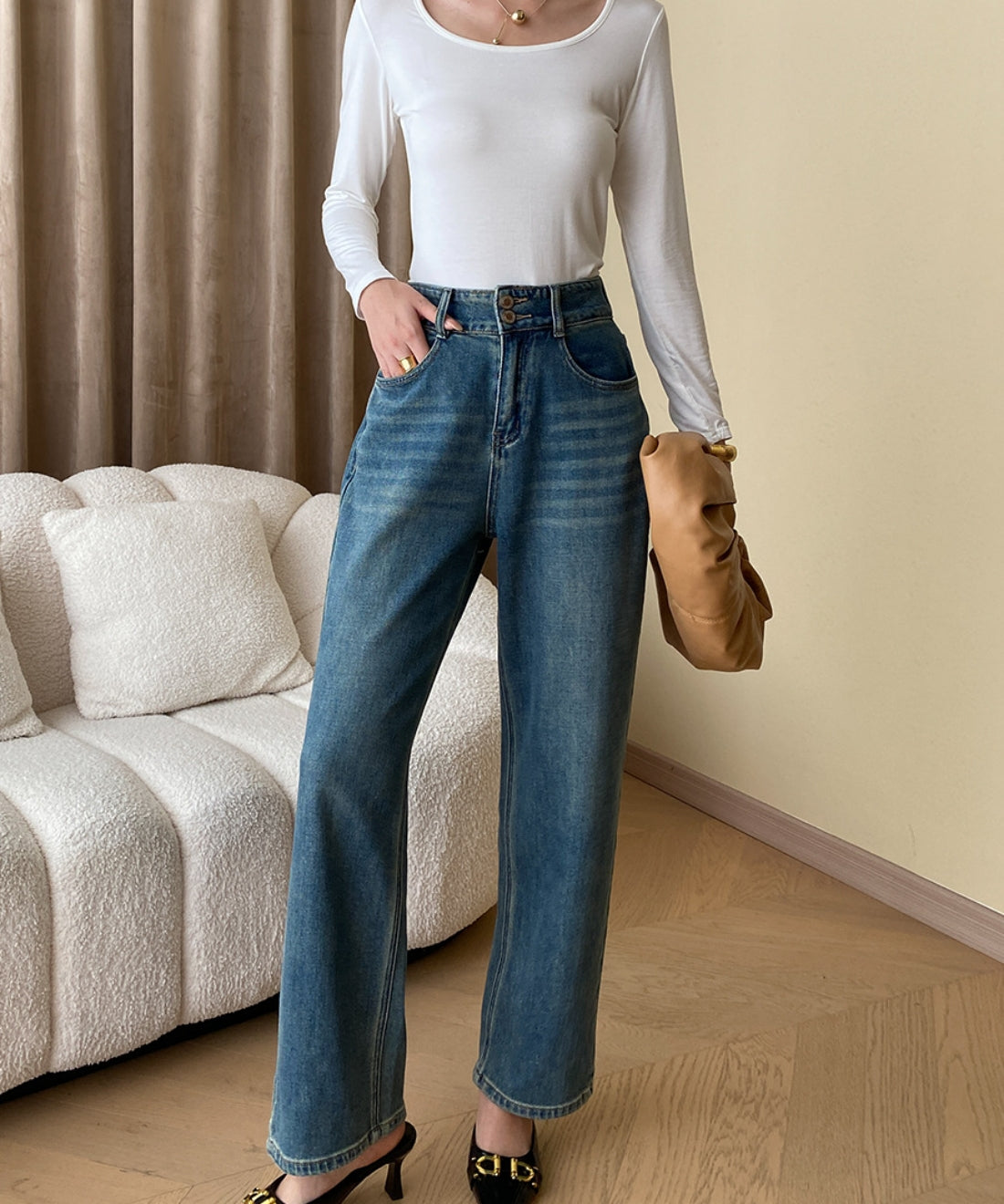 High waist straight denim pants