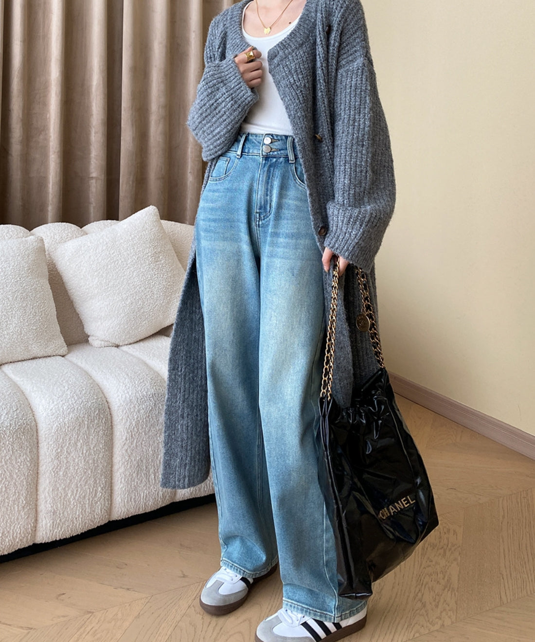 High waist straight denim pants