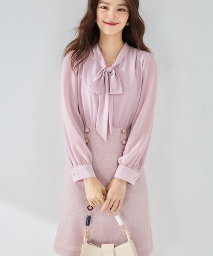 ボウタイシフォンブラウスフェイクツーピースワンピース