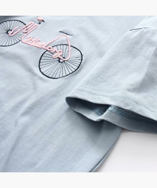 刺繍 半袖 Tシャツ Uネック 自転車 半袖 カジュアル ビッグT ゆるT