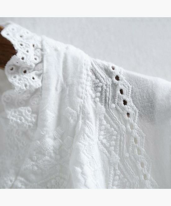白いシャツ 刺繍 レース 長袖 ブラウス コットン カジュアル かわいい 大きいサイズ ストレッチ